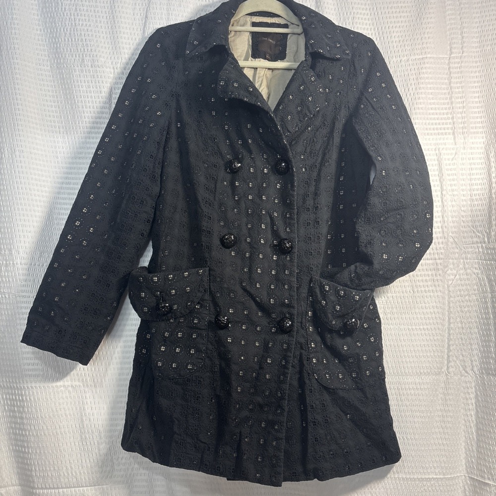Women's M Black Eyelet Double Breasted Buttoned Trench Coat 100% Cotton